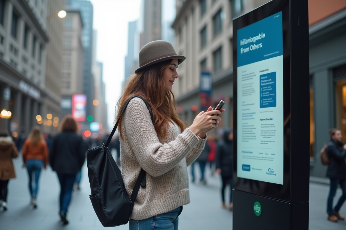 Jeune femme en jeans utilisant son smartphone en ville