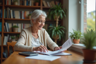 Femme de 50 ans lisant ses relevés bancaires à la maison