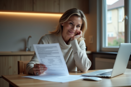 Femme méditative examinant un document de prêt immobilier