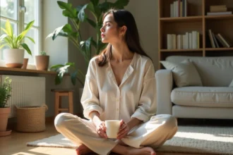 Femme en lin confortablement assise dans un salon lumineux