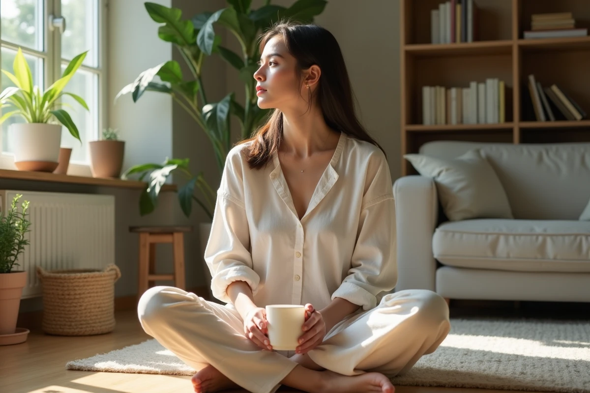 Femme en lin confortablement assise dans un salon lumineux
