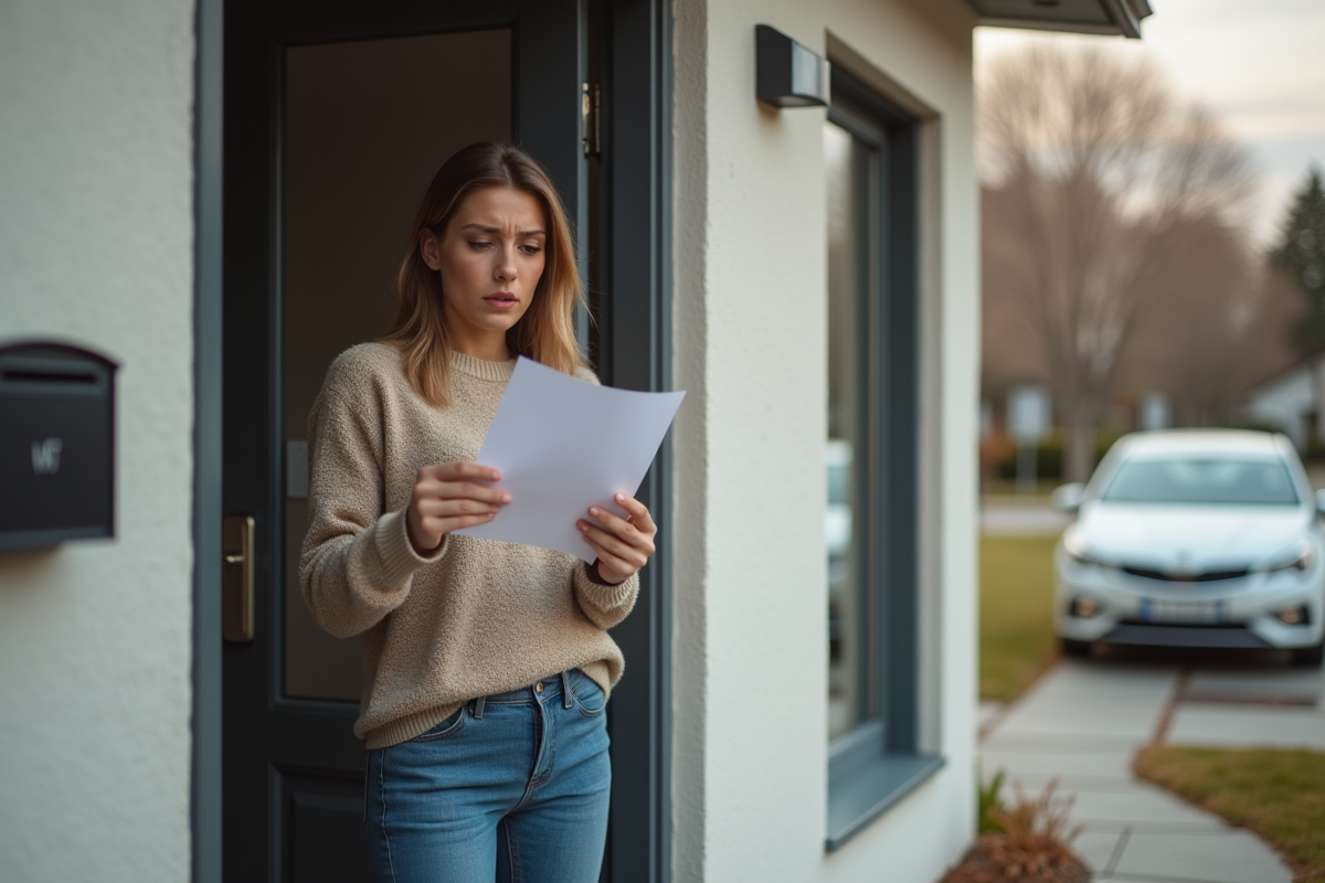 Jeune femme anxieuse devant sa maison en lisant une lettre