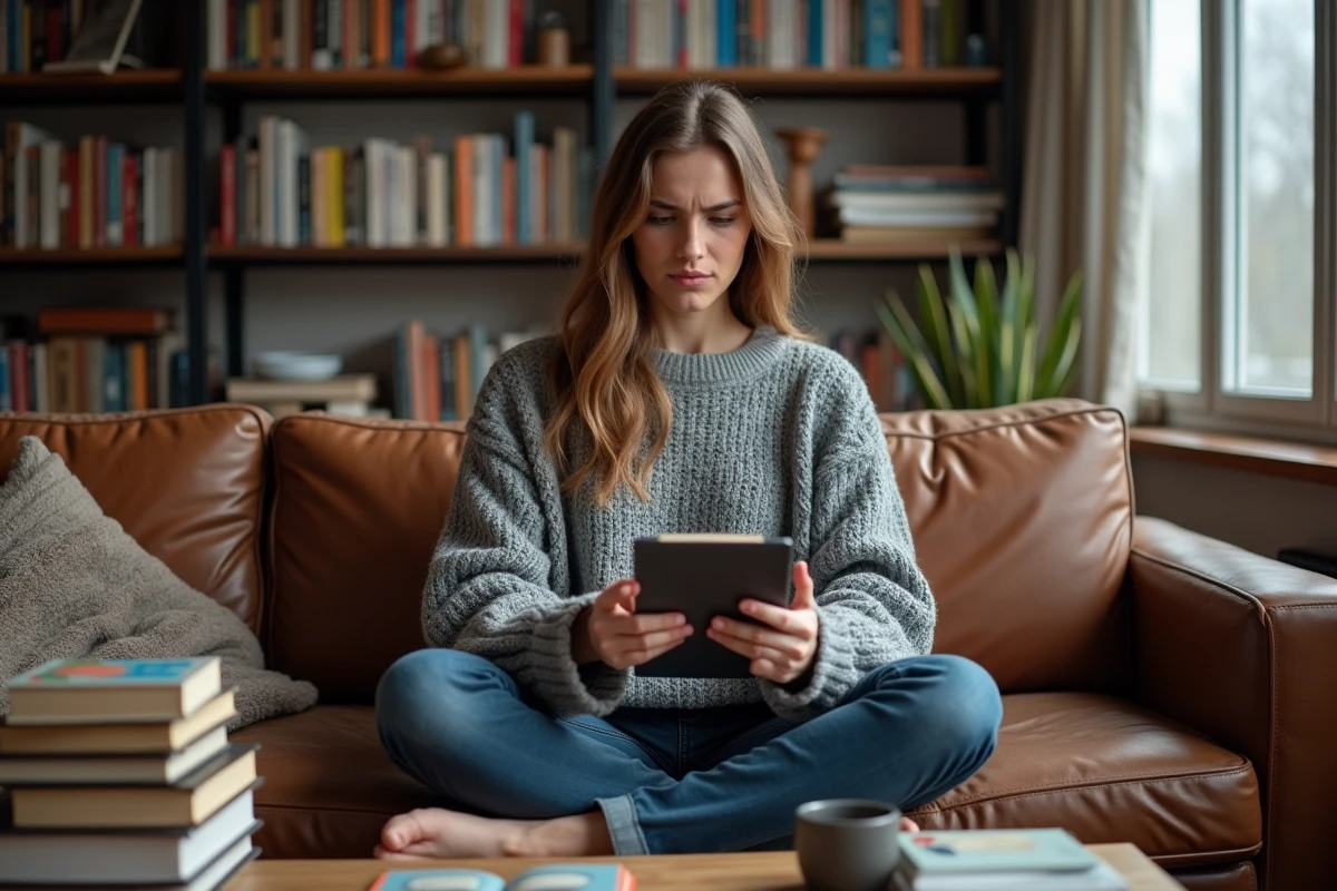 Femme cherchant des ebooks alternatifs sur sa liseuse après la fermeture d'un site de téléchargement