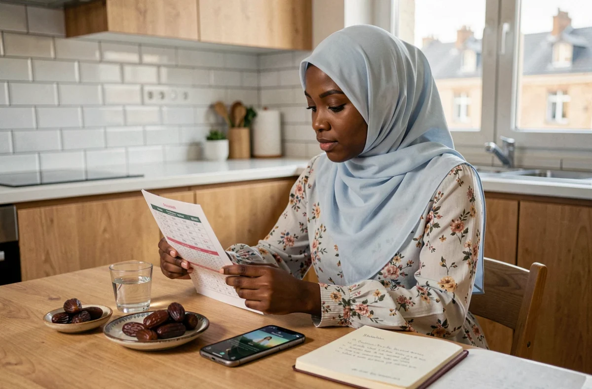 Jeune femme musulmane consultant les horaires de prière du ramadan sur une table dans un appartement à Orléans
