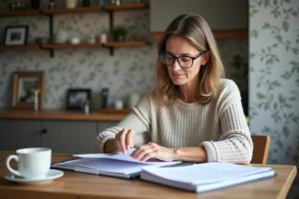 Femme organisée avec papiers dans une cuisine moderne