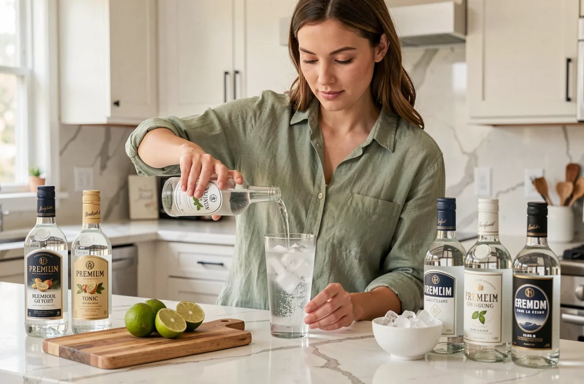 Femme versant du tonic dans un verre de gin avec citron vert sur un plan de travail en marbre entouré de bouteilles de gin premium