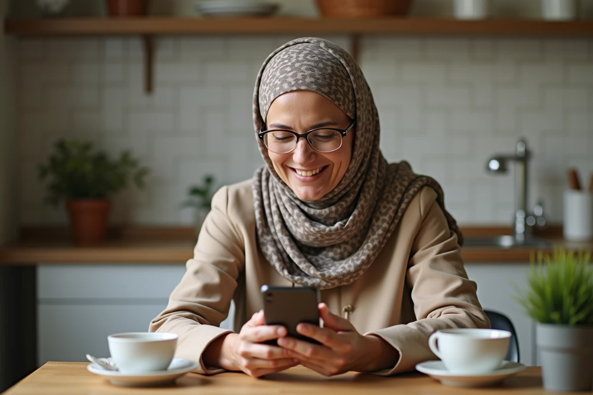 Femme nord-africaine souriante utilisant une application de prière