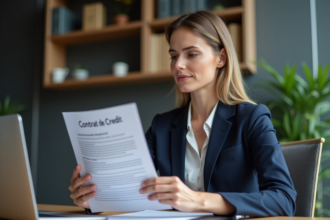 Femme professionnelle en bureau examinant un contrat de crédit