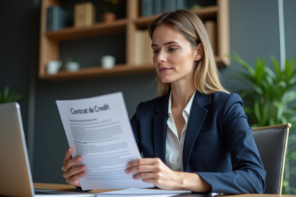 Femme professionnelle en bureau examinant un contrat de crédit
