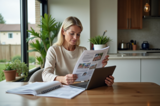 Femme d'âge moyen consulte une brochure immobilière à la maison