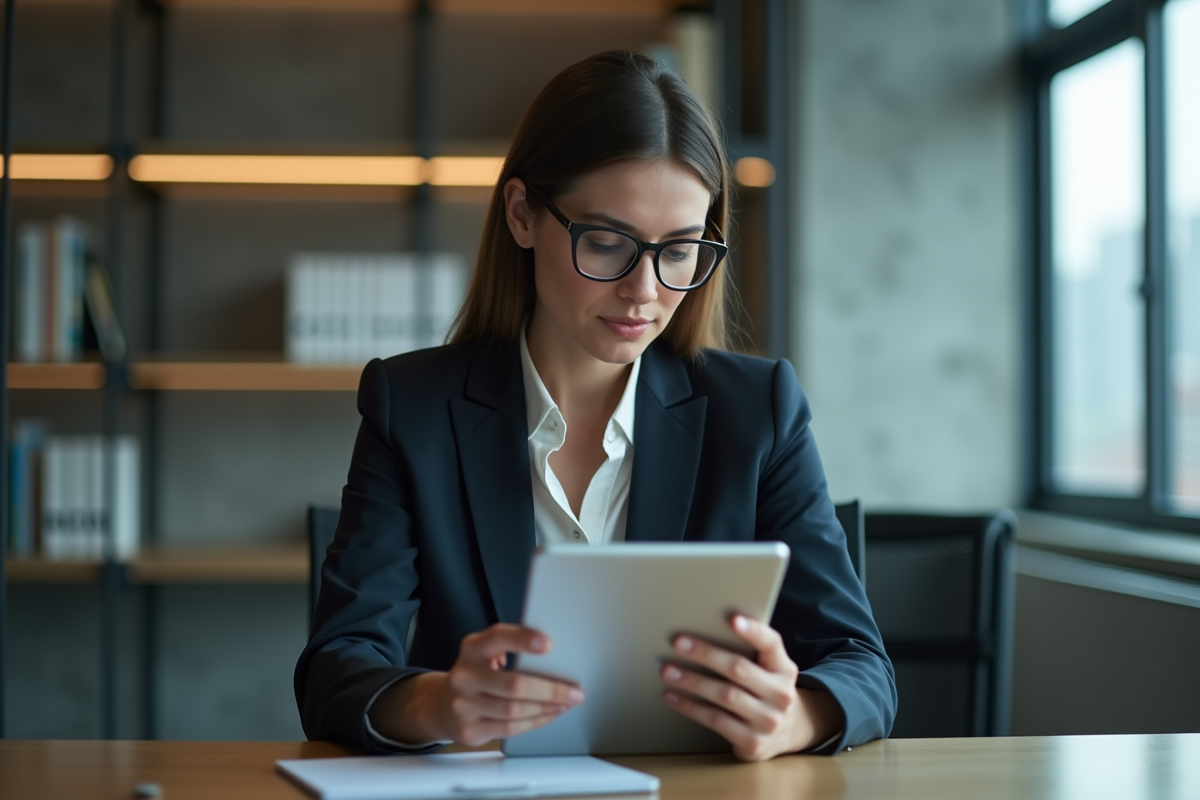 Femme pensante en réunion avec tablette et guidelines