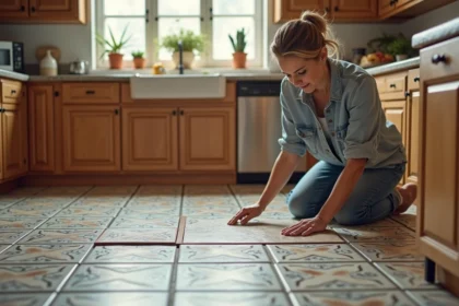 Femme posant des carreaux imitation vintage dans une cuisine chaleureuse