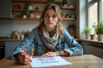 Jeune femme avec papier merci écoute en cuisine