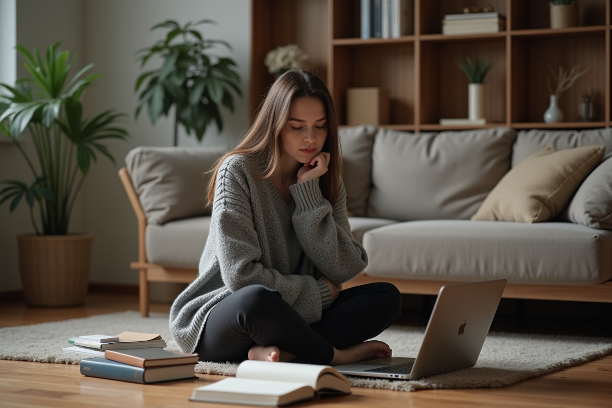 Jeune femme assise par terre dans un salon avec livres et ordinateur