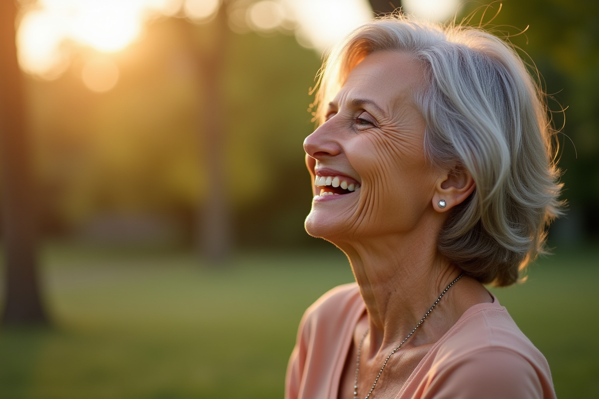 Femme de 60 ans souriante en extérieur lors de l