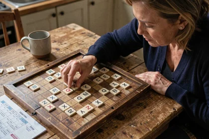 Femme concentrée plaçant une tuile Scrabble haute valeur en fin de partie sur un plateau bien garni