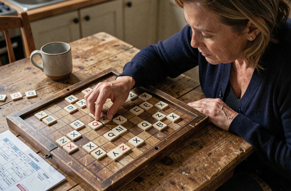 Femme concentrée plaçant une tuile Scrabble haute valeur en fin de partie sur un plateau bien garni