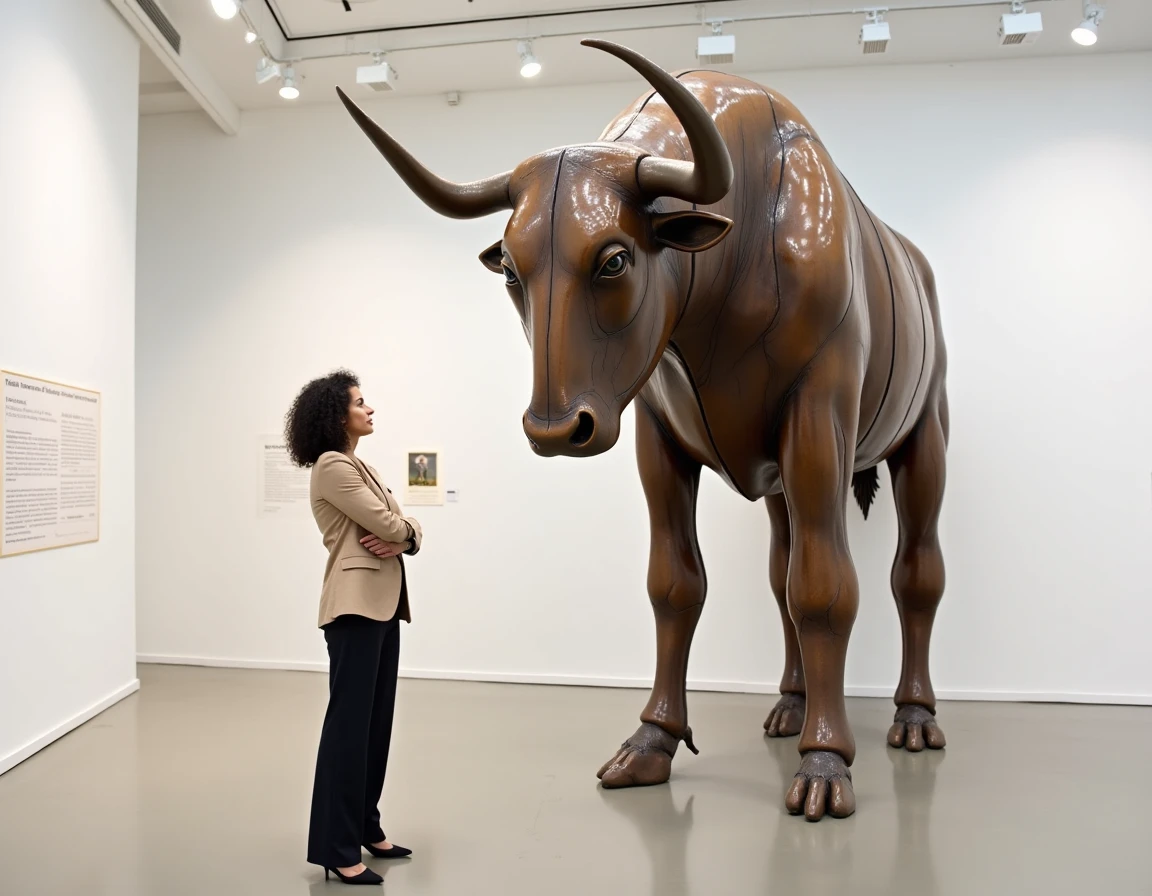 Femme face à une sculpture monumentale de Minotaure dans une galerie d'art contemporain, questionnant la notion de monstre