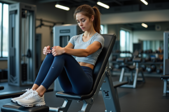 Jeune femme en leggings ajustés sur machine de musculation