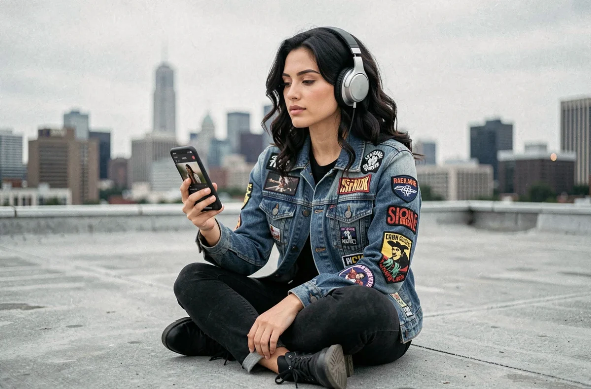 Jeune femme écoutant une station rock en streaming sur smartphone depuis un toit urbain avec vue sur la ville