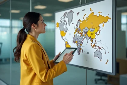 Femme en blazer jaune pointant la zone jaune sur une carte