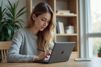 Jeune femme utilisant une tablette dans un bureau moderne
