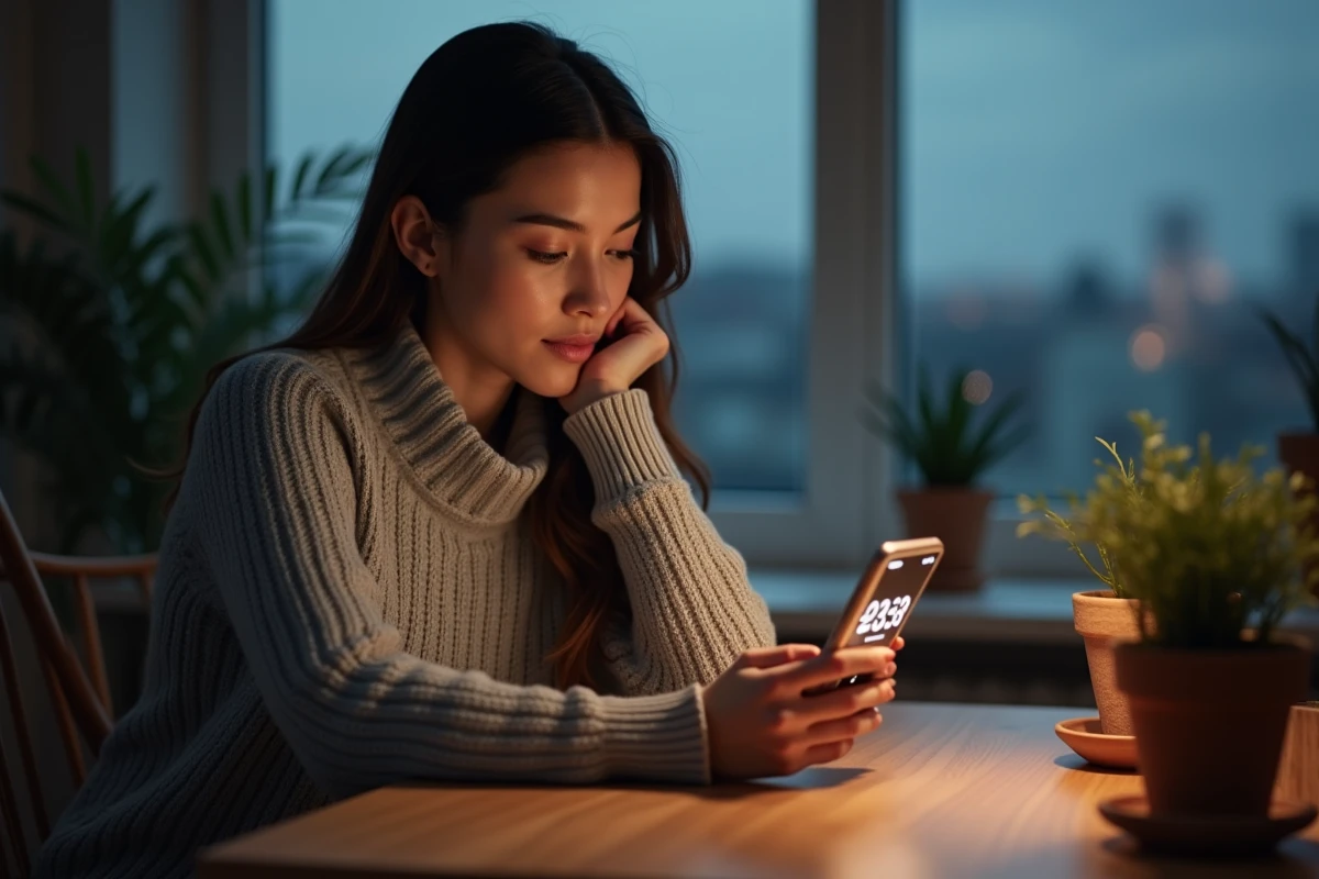 Femme en pull gris regardant son téléphone dans la cuisine