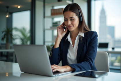 Femme en blazer navy travaillant en traduction en bureau moderne