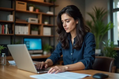 Jeune femme concentrée sur son ordinateur dans un bureau à domicile
