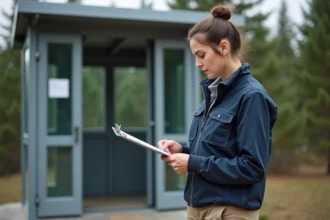 Femme vérifiant une checklist à l'extérieur près d'une station d'observation