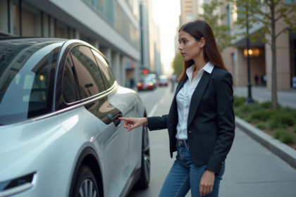 Jeune femme interactant avec une voiture électrique autonome en ville