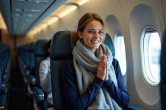 Femme souriante assise près de la fenêtre d'avion
