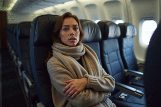 Jeune femme en voyage dans un avion avec écharpe et pull chaud