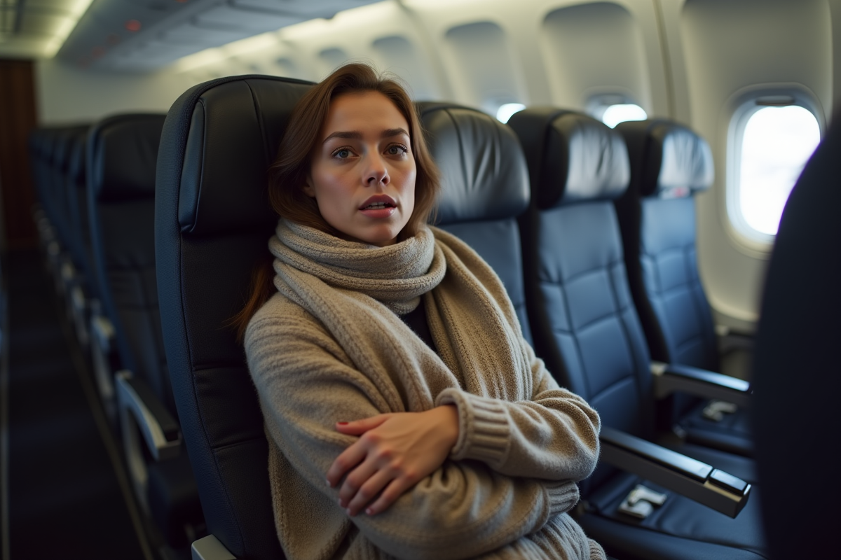 Jeune femme en voyage dans un avion avec écharpe et pull chaud