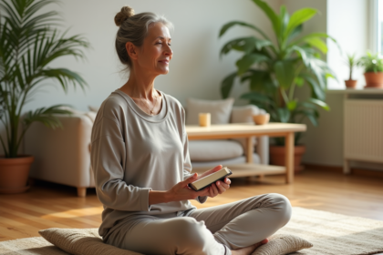 Femme méditant en yoga dans un salon lumineux