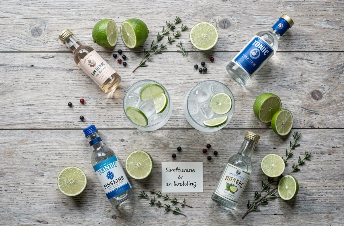 Vue du dessus d'un arrangement de verres de gin tonic, bouteilles de gin et citrons verts sur une table en chêne clair pour une dégustation comparative