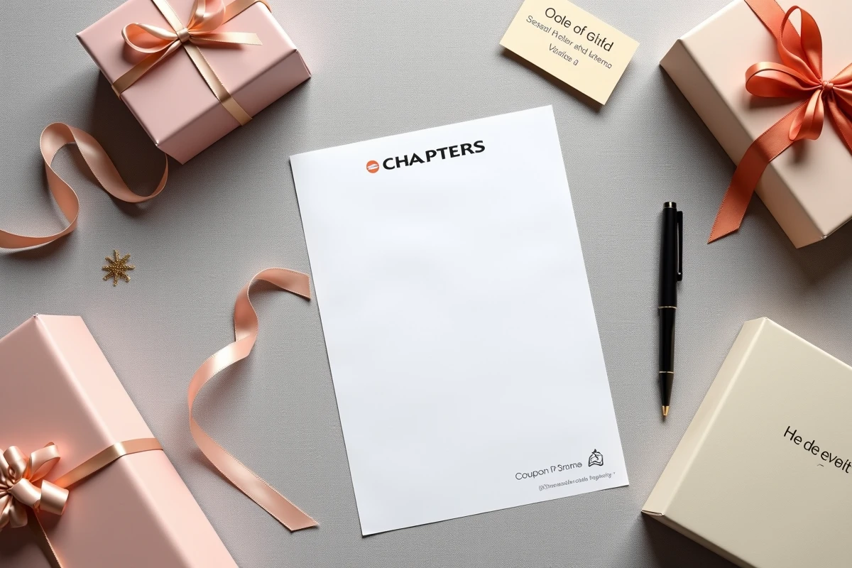 Mise en scène flat-lay d'un code de rachat Chapters imprimé avec des cadeaux et accessoires pour offres spéciales 2026