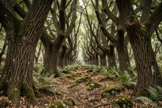 Intérieur mystérieux de la forêt de Ben Haroun avec des chênes-lièges tordus et un sous-bois dense en Algérie