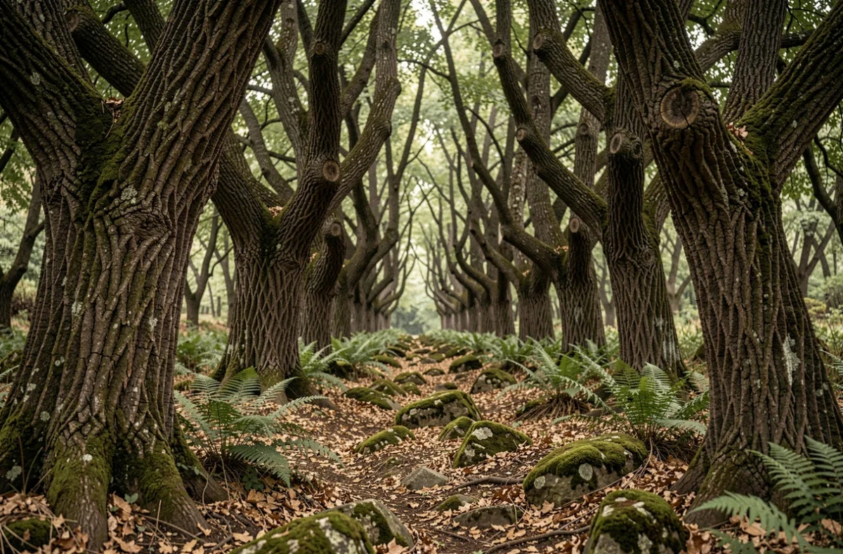 Intérieur mystérieux de la forêt de Ben Haroun avec des chênes-lièges tordus et un sous-bois dense en Algérie