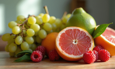 Variété de fruits frais commençant par G sur une table en bois