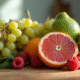 Variété de fruits frais commençant par G sur une table en bois
