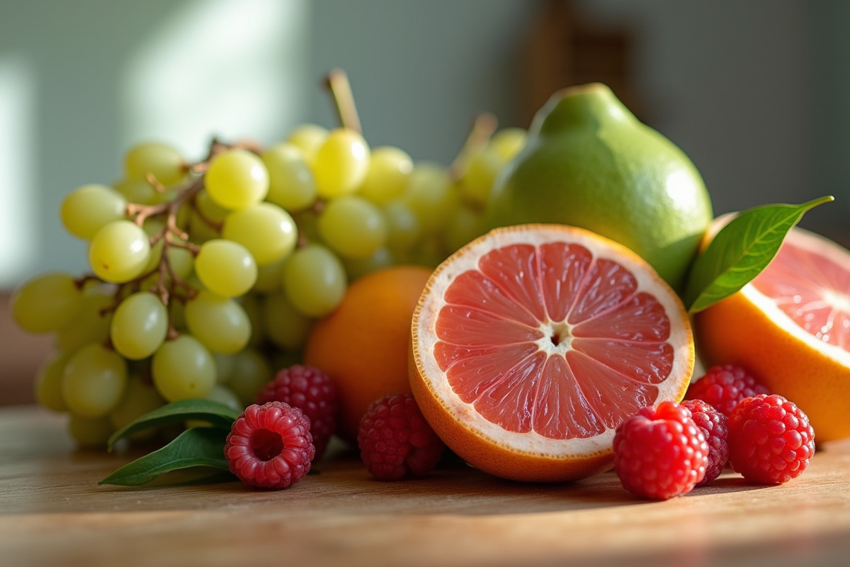 Variété de fruits frais commençant par G sur une table en bois