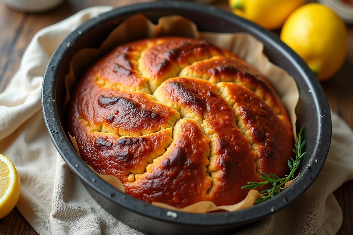 Gâteau de chorizo entier dans un moule rustique avec accessoires