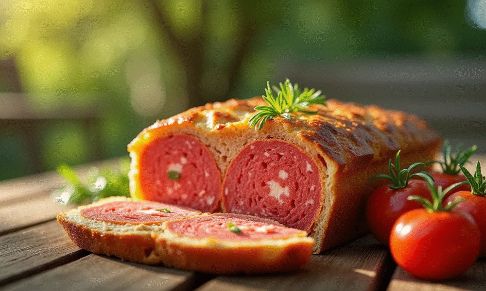 Gâteau de chorizo tranché sur une table en plein air