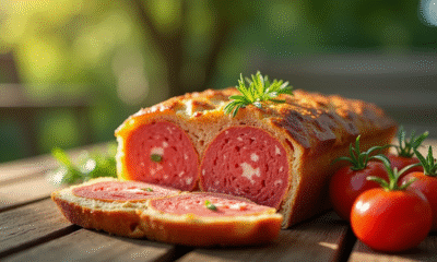 Gâteau de chorizo tranché sur une table en plein air