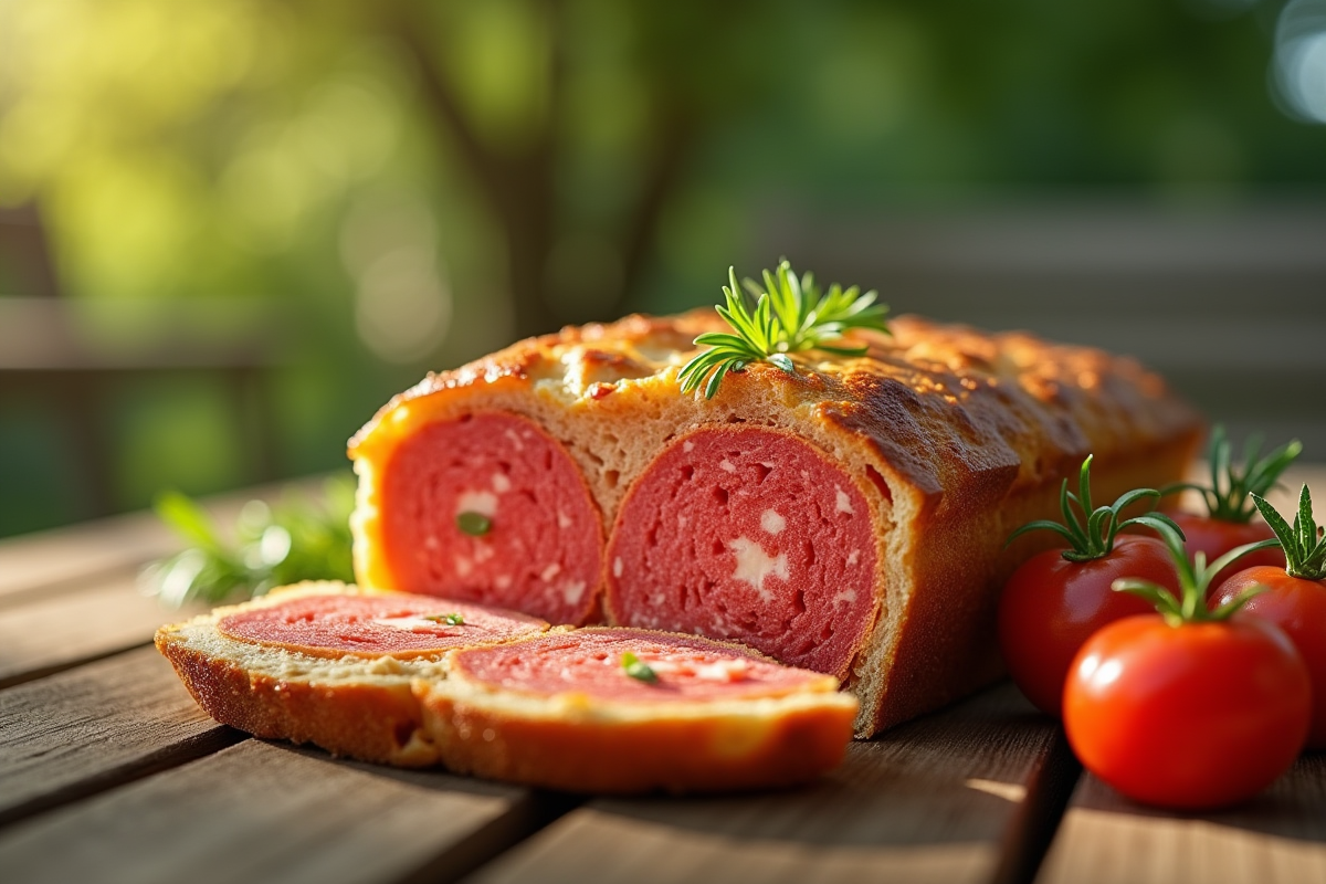 Gâteau de chorizo tranché sur une table en plein air