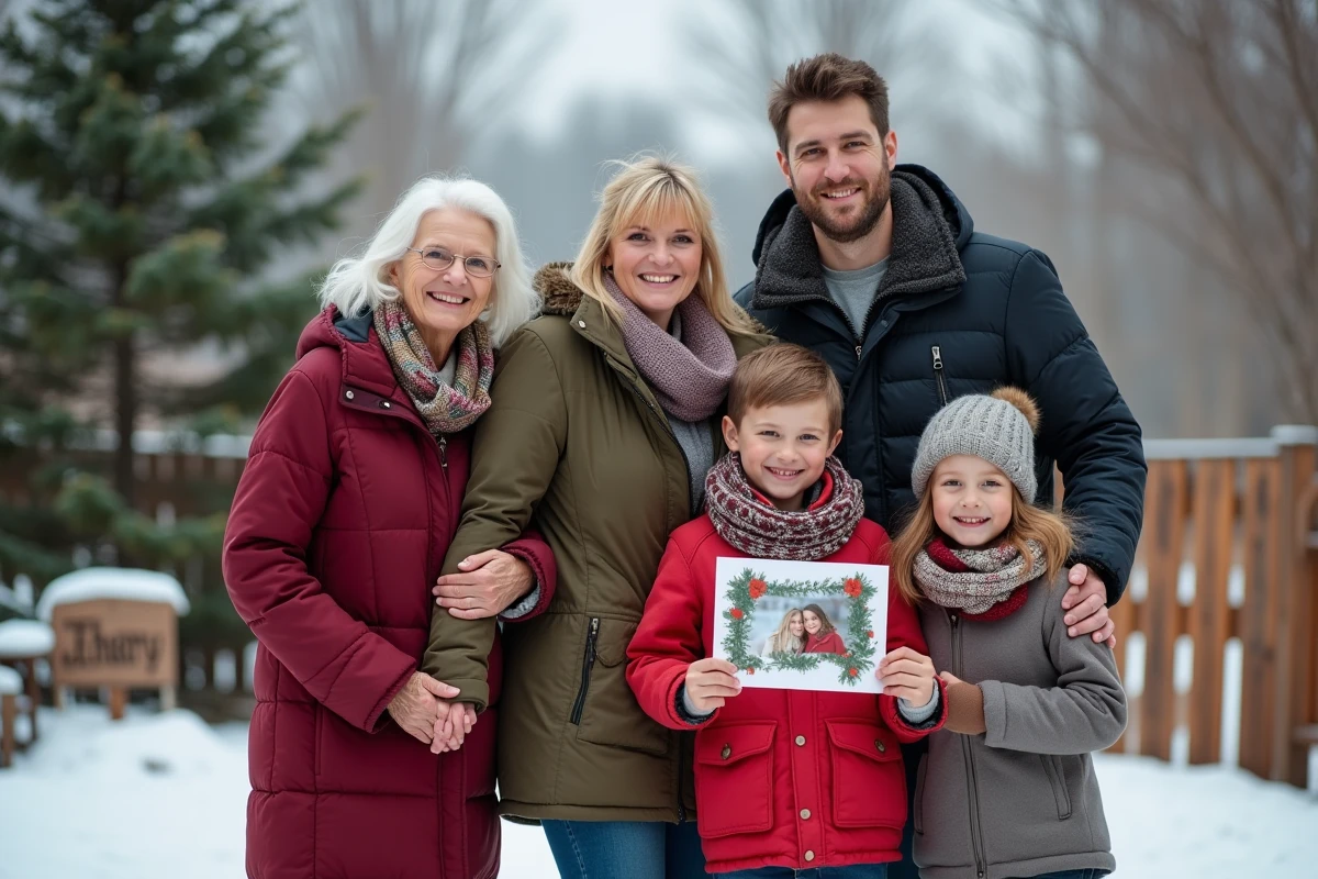 Trois generations en hiver avec decor de Noel dans le jardin