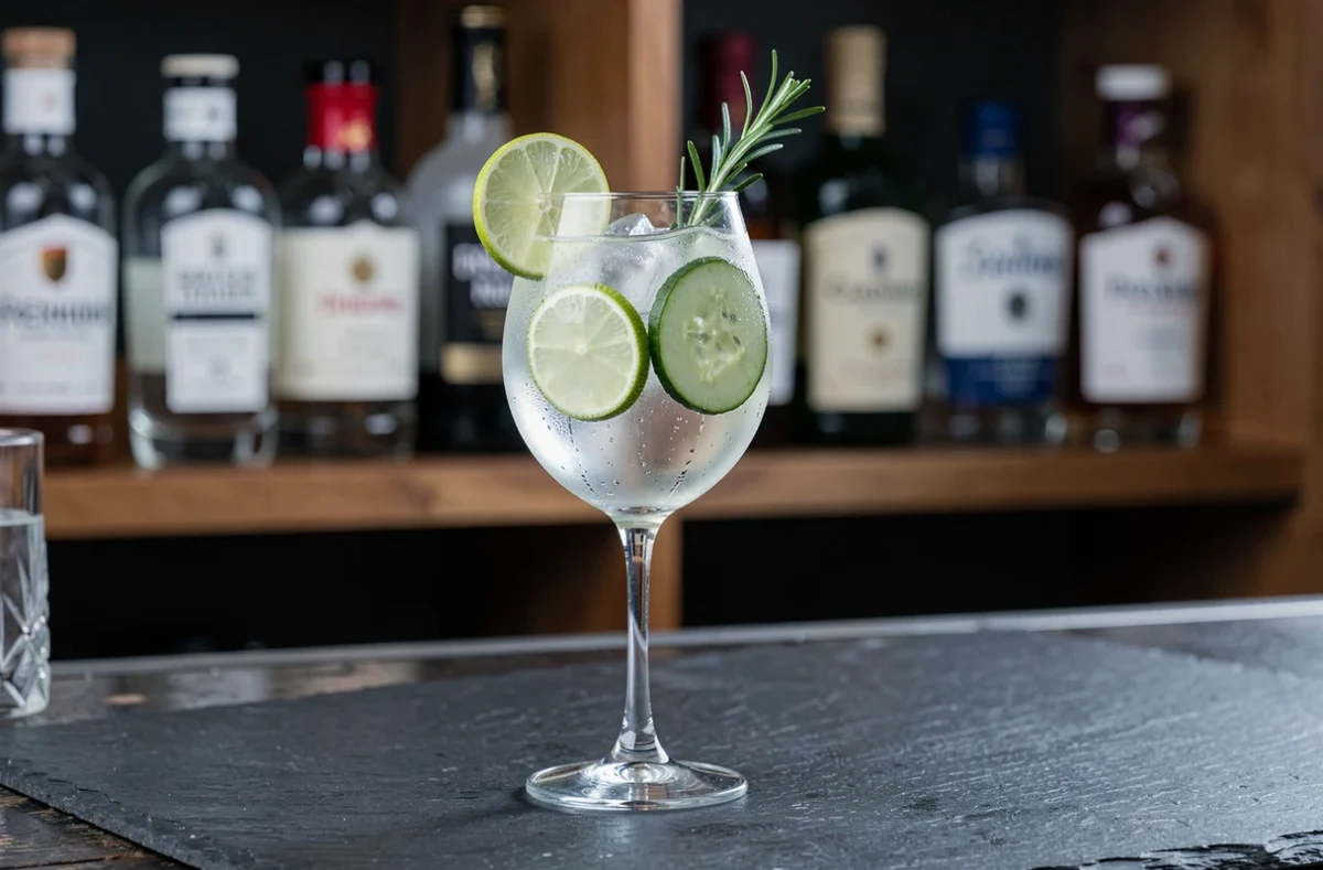 Verre ballon de gin tonic garni de tranches de citron vert et romarin posé sur un comptoir en ardoise dans un bar à cocktails