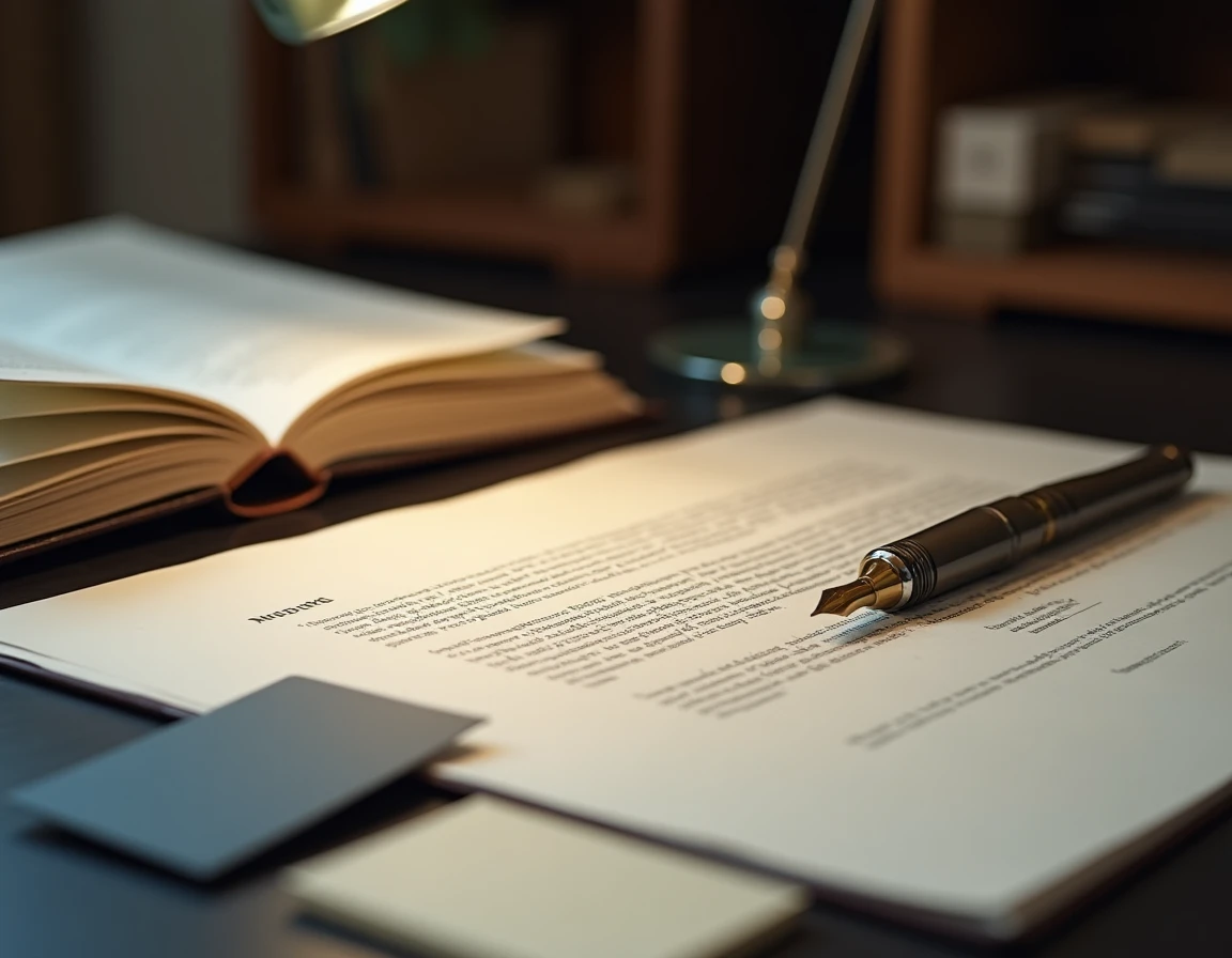 Gros plan d'une lettre juridique formelle en français posée sur un bureau avec un stylo plume et un dossier d'affaire