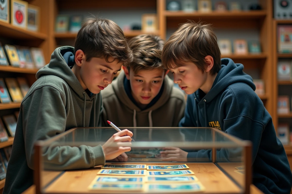 Trois adolescents regardant une carte Pokémon précieuse en boutique